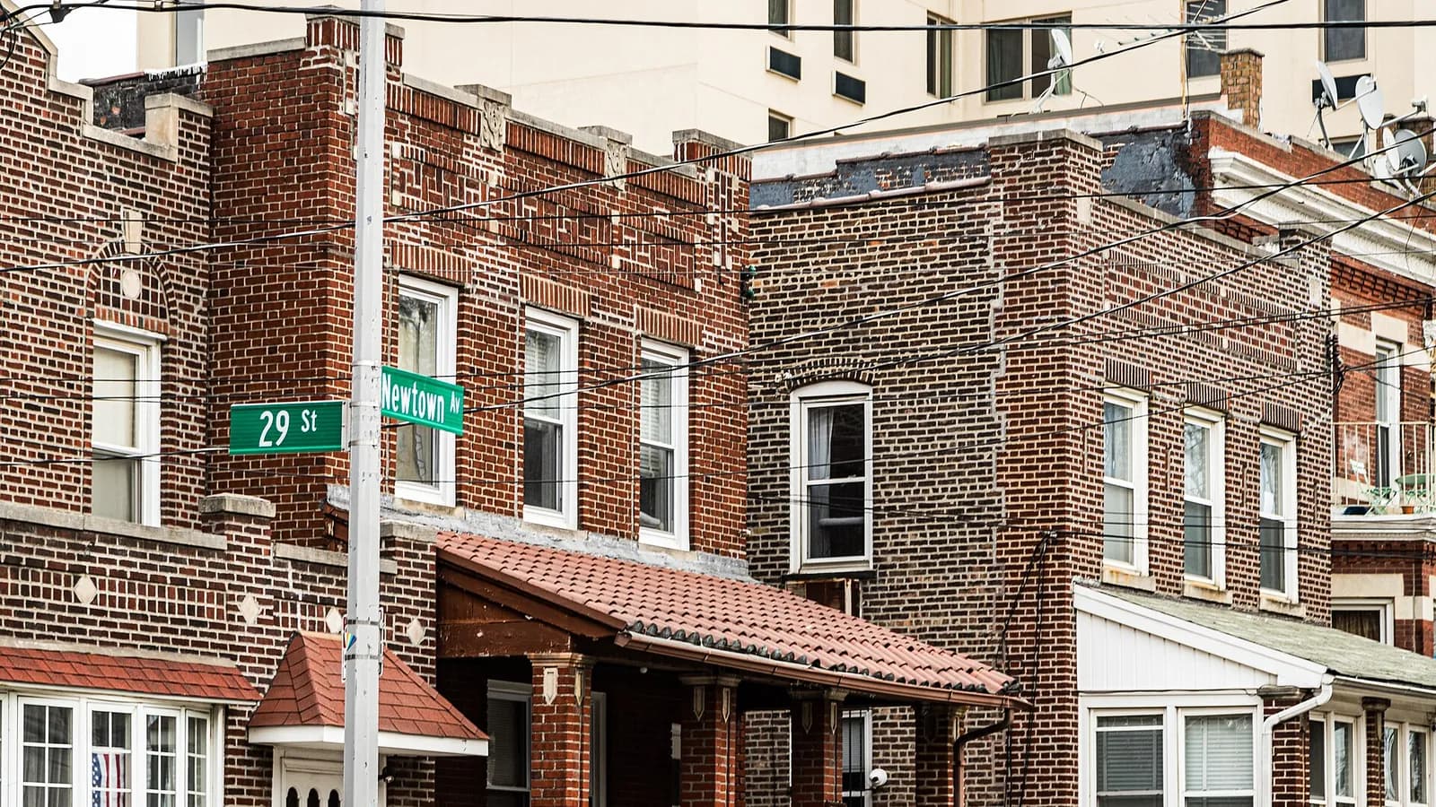 Brick rowhouses at Newtown Avenue and 29th Street in Astoria, Queens